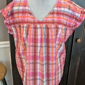 LOFT Pink and Orange Ruffled Cap Sleeve Blouse